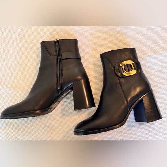 SEE BY CHLOE Chany Gold Buckle Black Leather Heeled Ankle Boots Booties Shoes - Picture 12 of 16
